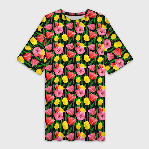 Женская длинная футболка Разноцветные тюльпаны / 3D-принт – фото 1