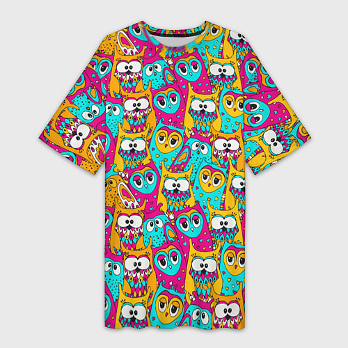 Женская длинная футболка Разноцветные совы / 3D-принт – фото 1