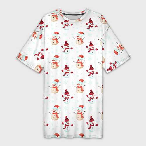 Женская длинная футболка Снеговики и снежинки / 3D-принт – фото 1