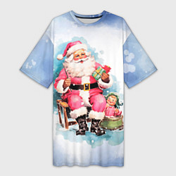 Женская длинная футболка Акварельный ретро Санта Клаус
