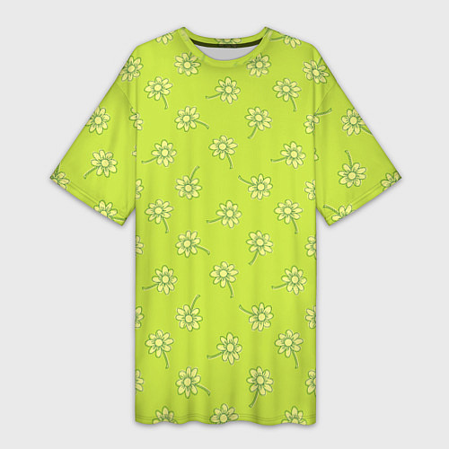 Женская длинная футболка Цветочки на ярко-салатовом / 3D-принт – фото 1