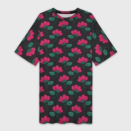 Женская длинная футболка Темный паттерн с розовыми цветами / 3D-принт – фото 1