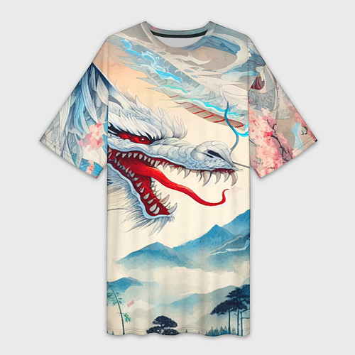 Женская длинная футболка Дракон на фоне японского пейзажа / 3D-принт – фото 1