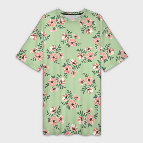 Женская длинная футболка Паттерн с розовыми цветами на бледно-зеленом / 3D-принт – фото 1