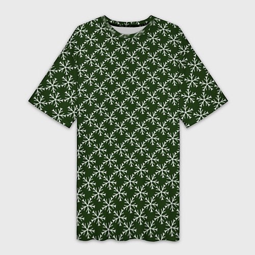 Женская длинная футболка Паттерн снежинки тёмно-зелёный / 3D-принт – фото 1