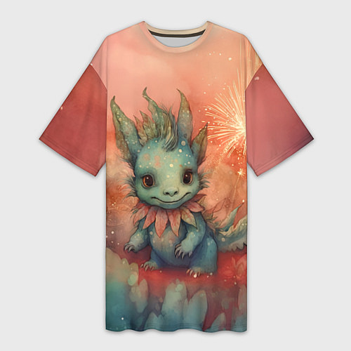 Женская длинная футболка Праздничный дракон с искрами / 3D-принт – фото 1