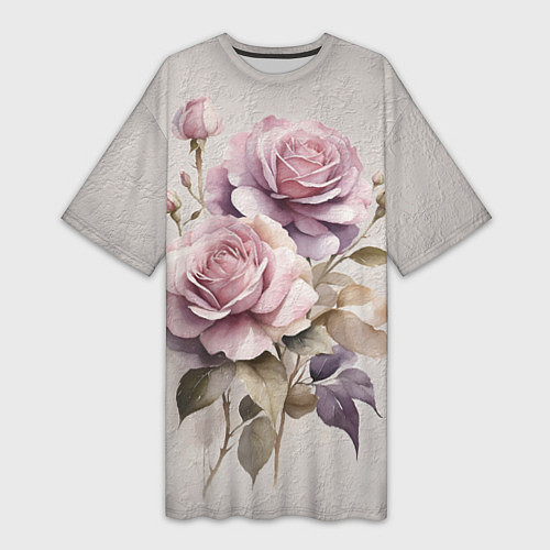 Женская длинная футболка Нежные розовые розы на стене / 3D-принт – фото 1