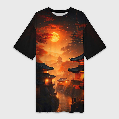 Женская длинная футболка Мрачная япония - пейзаж / 3D-принт – фото 1