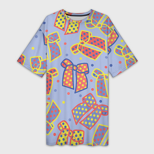Женская длинная футболка Узор с яркими разноцветными бантами в горошек / 3D-принт – фото 1