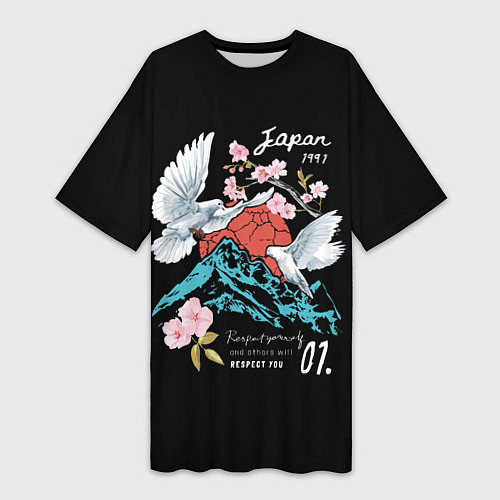 Женская длинная футболка Сакура горы голуби / 3D-принт – фото 1