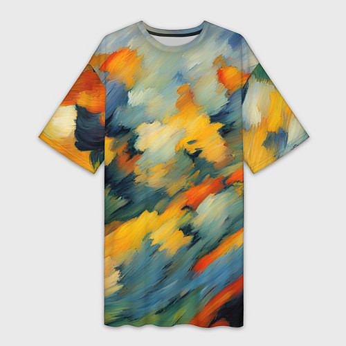Женская длинная футболка Жёлтые и синие мазки / 3D-принт – фото 1