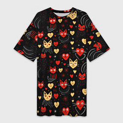 Женская длинная футболка Паттерн с сердечками и котами валентинка