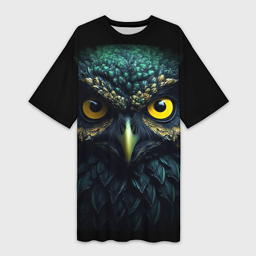 Женская длинная футболка Бирюзовая сова с желтыми глазами / 3D-принт – фото 1