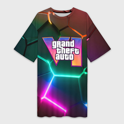 Женская длинная футболка GTA 6 лого на фоне разлома разноцветных плит / 3D-принт – фото 1