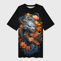 Женская длинная футболка Китайский дракон с цветами и волнами