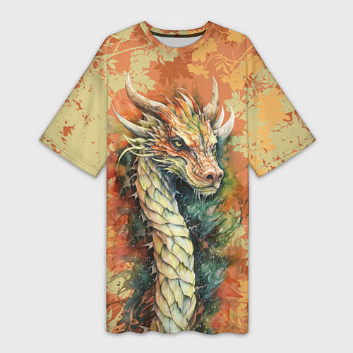 Женская длинная футболка Зеленый древесный дракон с листьями / 3D-принт – фото 1