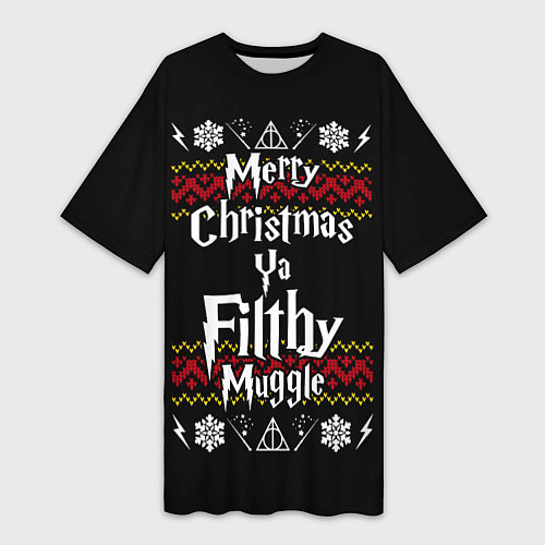 Женская длинная футболка Merry Christmas ya filthy muggle / 3D-принт – фото 1