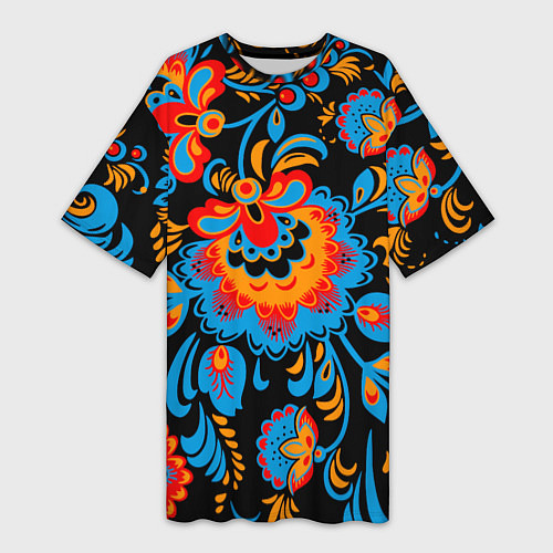Женская длинная футболка Хохломская роспись разноцветные цветы на чёроном ф / 3D-принт – фото 1
