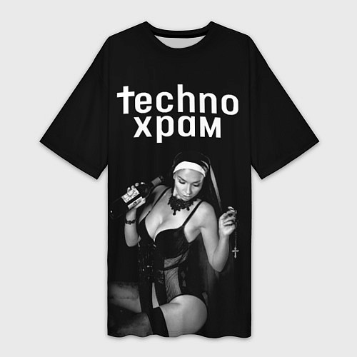 Женская длинная футболка Techno храм монашка с бутылкой / 3D-принт – фото 1