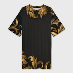 Женская длинная футболка Золотые объемные листья на черном