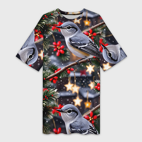 Женская длинная футболка Рождественская птица пересмешник / 3D-принт – фото 1