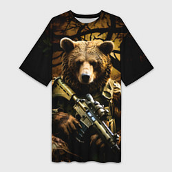 Женская длинная футболка Медведь солдат в дремучем лесу