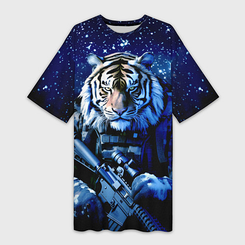 Женская длинная футболка Тигр солдат снег и звезды / 3D-принт – фото 1