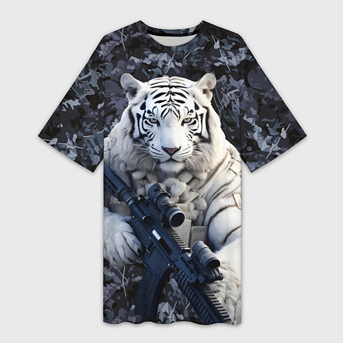 Женская длинная футболка Белый тигр солдат / 3D-принт – фото 1