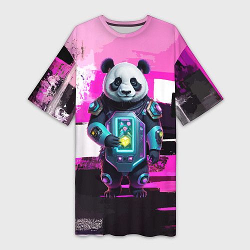 Женская длинная футболка Funny panda - cyberpunk / 3D-принт – фото 1