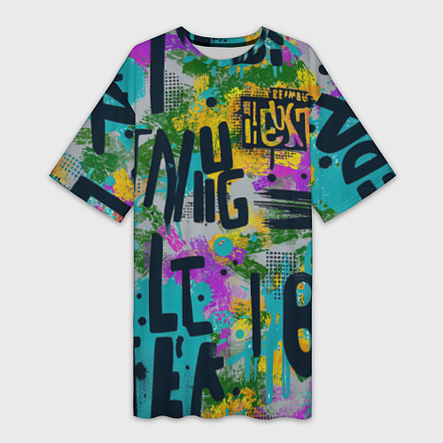 Женская длинная футболка Загадочный абстрактный текст на ярком фоне / 3D-принт – фото 1