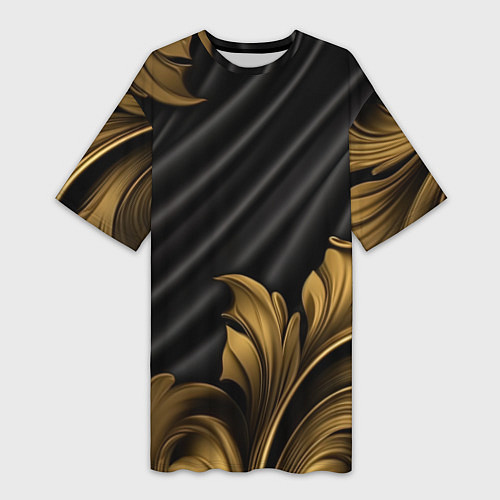 Женская длинная футболка Лепнина золотые узоры на черной ткани / 3D-принт – фото 1