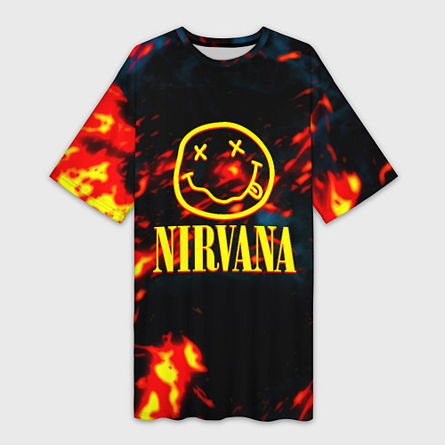 Женская длинная футболка Nirvana rock огненное лого лава / 3D-принт – фото 1