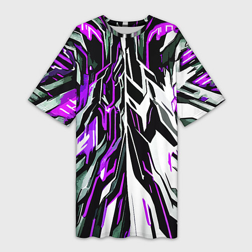 Женская длинная футболка Фиолетовая и белая абстракция на чёрном фоне / 3D-принт – фото 1