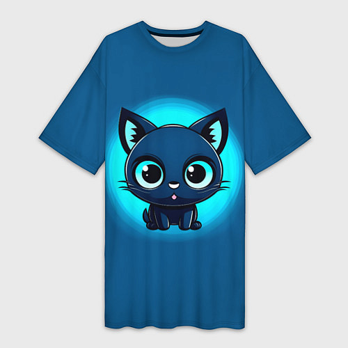 Женская длинная футболка Котёнок на синем / 3D-принт – фото 1