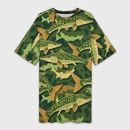 Женская длинная футболка Камуфляж рыболова - рыба щука / 3D-принт – фото 1