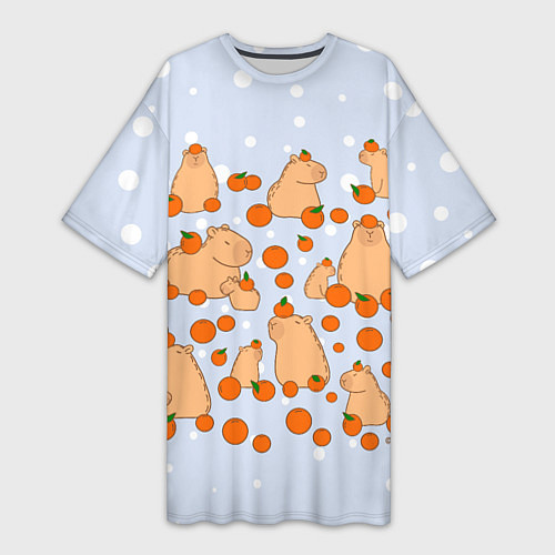 Женская длинная футболка Мем капибара и мандарины / 3D-принт – фото 1