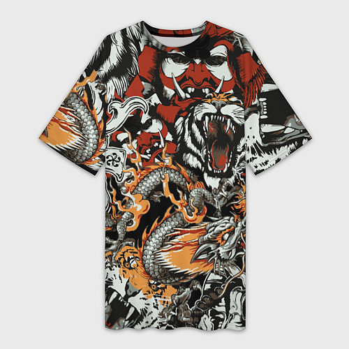 Женская длинная футболка Самурай дракон и тигр / 3D-принт – фото 1