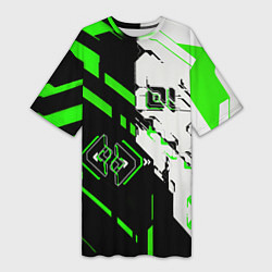 Футболка женская длинная Зелёные и чёрные техно линии, цвет: 3D-принт