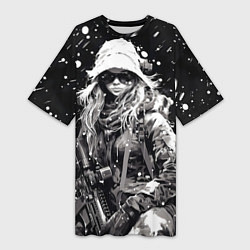 Женская длинная футболка Девушка воин зимней ночью