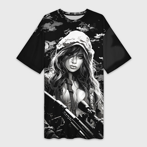 Женская длинная футболка Брюнетка снайпер / 3D-принт – фото 1