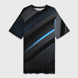 Женская длинная футболка Черная абстракция и неоновые синие полосы