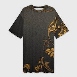 Женская длинная футболка Объемные золотые узоры на черной ткани лепнина