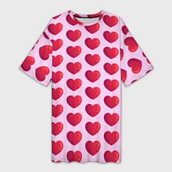 Женская длинная футболка Красные сердца на розовом фоне
