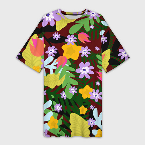 Женская длинная футболка Гавайская цветочная расцветка / 3D-принт – фото 1