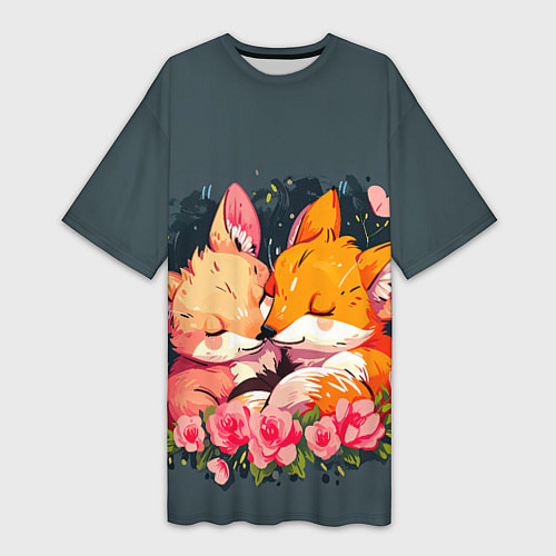 Женская длинная футболка Милые лисички в цветах / 3D-принт – фото 1