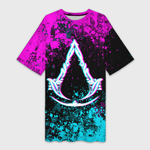 Женская длинная футболка Ассасин крид мираж- неоновые брызги / 3D-принт – фото 1
