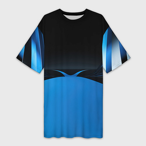 Женская длинная футболка Геометрическая абстракция черных и синих волн / 3D-принт – фото 1