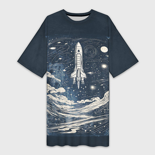 Женская длинная футболка Винтажный постер космос титан ракета / 3D-принт – фото 1