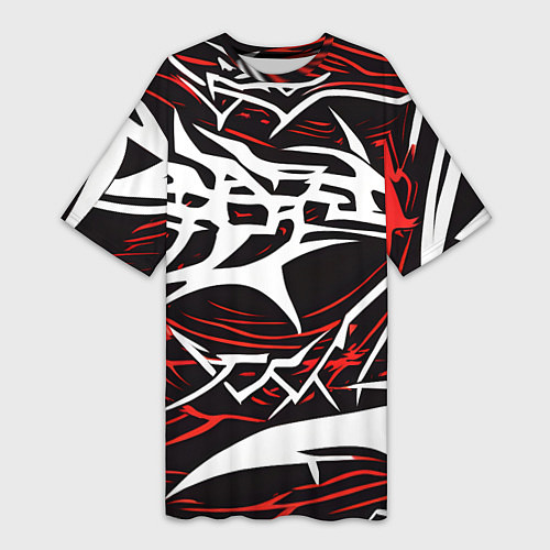 Женская длинная футболка Белые и красные агрессивные линии на чёрном фоне / 3D-принт – фото 1