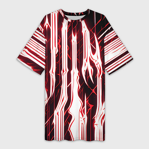 Женская длинная футболка Красные неоновые полосы на чёрном фоне / 3D-принт – фото 1